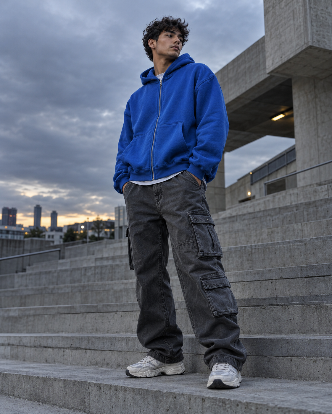 Model wearing a cobalt oversized zip hoodie on concrete steps