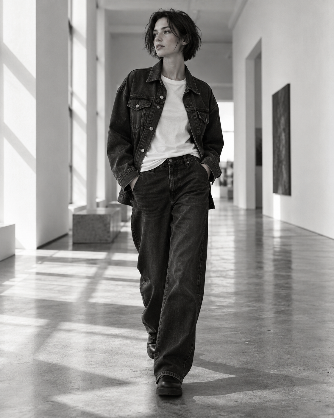 Model in washed black denim walking through a gallery